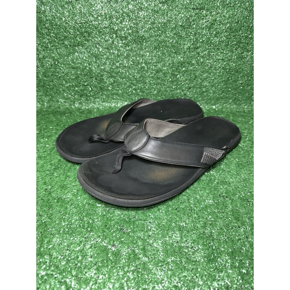 OluKai Tuahine Mens Size 13 Leather Black Beach Flip Flops Sandals Thong Slip On - Picture 3 of 8